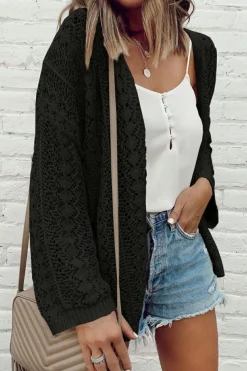 Fashion Dear-Lover Hollow Out Knit Drop Shoulder Open Front Cardigan Black