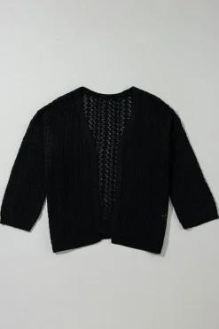 Fashion Dear-Lover Hollow Out Knit Drop Shoulder Open Front Cardigan Black
