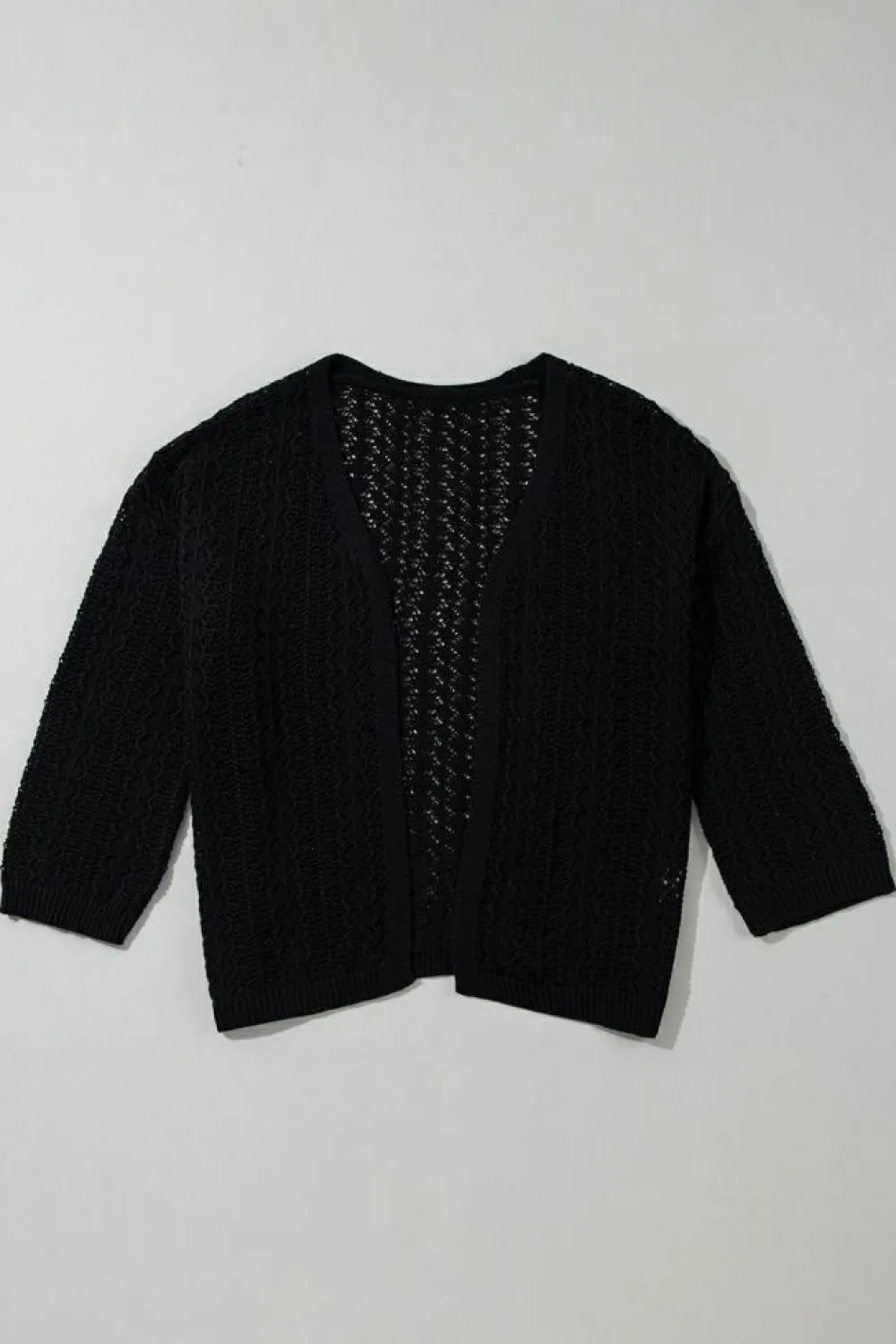 Fashion Dear-Lover Hollow Out Knit Drop Shoulder Open Front Cardigan Black
