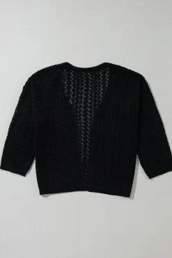 Fashion Dear-Lover Hollow Out Knit Drop Shoulder Open Front Cardigan Black