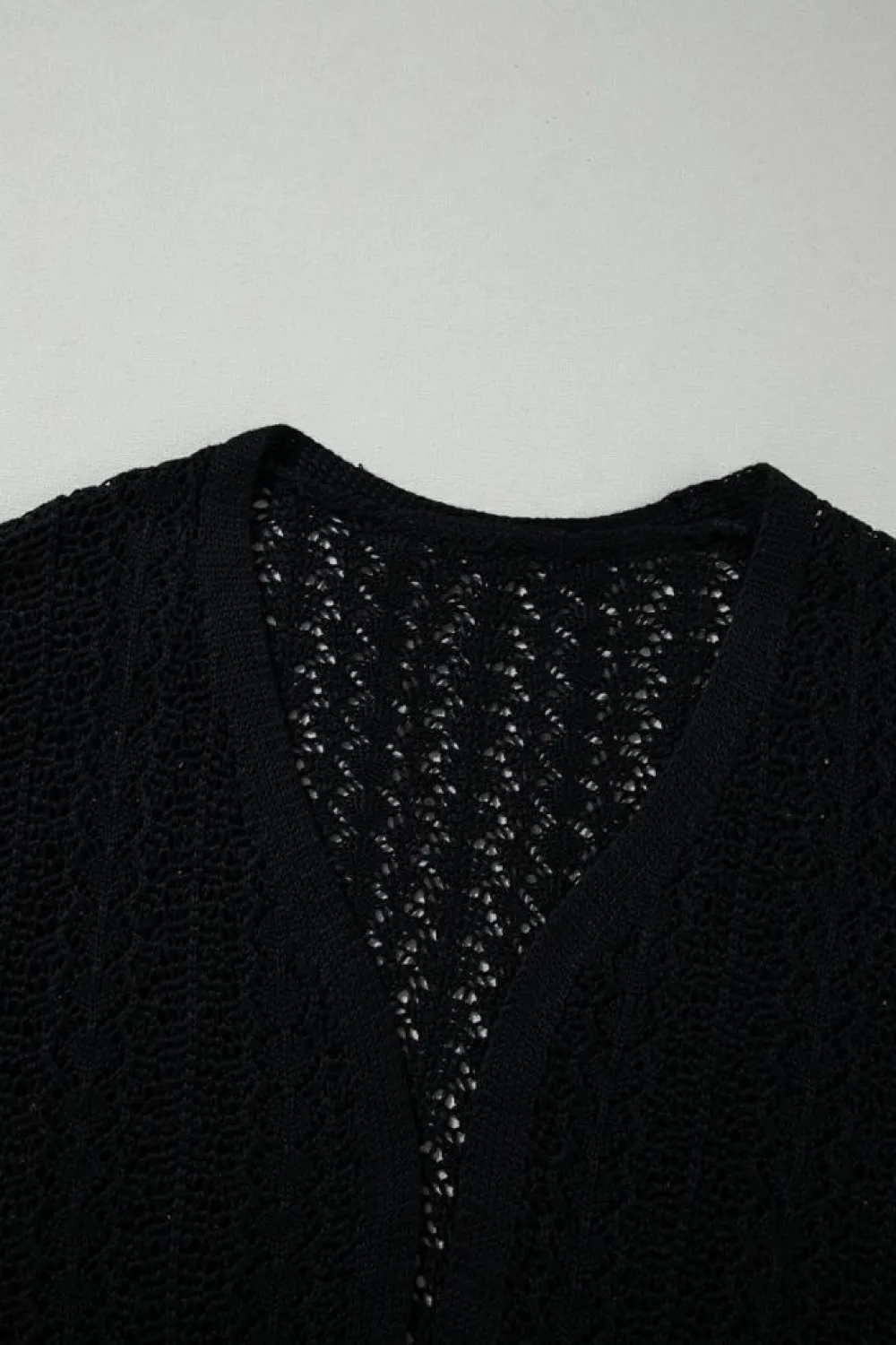 Fashion Dear-Lover Hollow Out Knit Drop Shoulder Open Front Cardigan Black