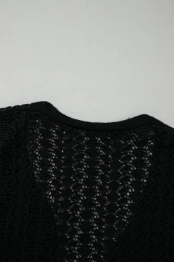 Fashion Dear-Lover Hollow Out Knit Drop Shoulder Open Front Cardigan Black