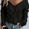 Hot Dear-Lover Hollow Out Knit V Neck Drop Shoulder Sweater Black