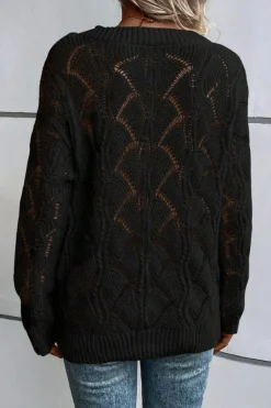 Hot Dear-Lover Hollow Out Knit V Neck Drop Shoulder Sweater Black