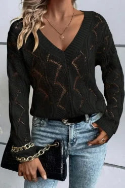 Hot Dear-Lover Hollow Out Knit V Neck Drop Shoulder Sweater Black