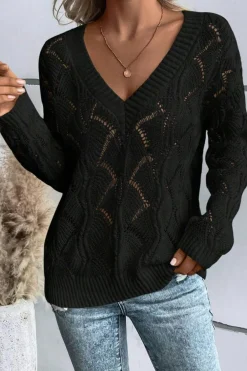 Hot Dear-Lover Hollow Out Knit V Neck Drop Shoulder Sweater Black