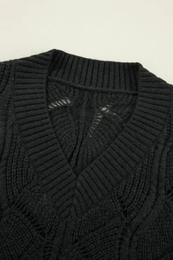 Hot Dear-Lover Hollow Out Knit V Neck Drop Shoulder Sweater Black