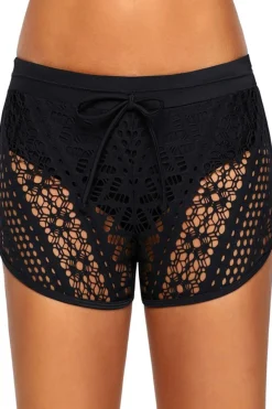 Discount Dear-Lover Hollow Out Lace Overlay Swim Short Bottom Black