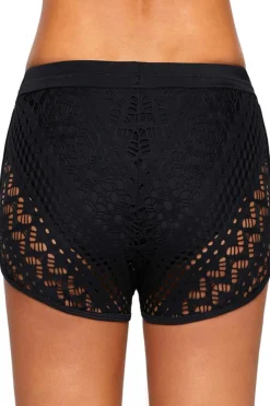 Discount Dear-Lover Hollow Out Lace Overlay Swim Short Bottom Black