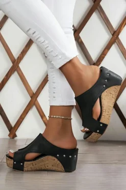 Hot Dear-Lover Hollow Out Studded PU Leather Wedge Slippers Black