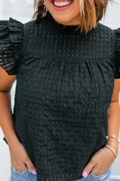 Discount Dear-Lover Hollowed Texture Ruffle Sleeve Blouse Black