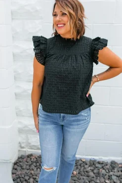 Discount Dear-Lover Hollowed Texture Ruffle Sleeve Blouse Black