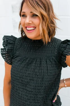 Discount Dear-Lover Hollowed Texture Ruffle Sleeve Blouse Black