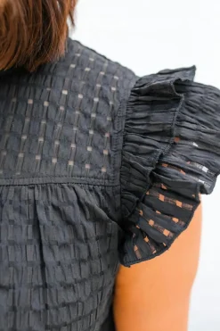 Discount Dear-Lover Hollowed Texture Ruffle Sleeve Blouse Black