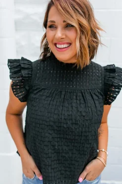 Discount Dear-Lover Hollowed Texture Ruffle Sleeve Blouse Black