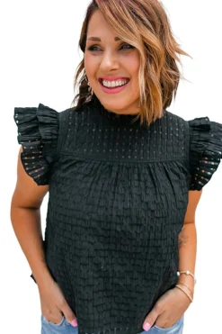 Discount Dear-Lover Hollowed Texture Ruffle Sleeve Blouse Black
