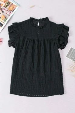 Discount Dear-Lover Hollowed Texture Ruffle Sleeve Blouse Black