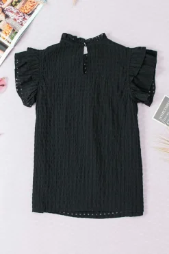 Discount Dear-Lover Hollowed Texture Ruffle Sleeve Blouse Black