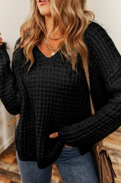 Fashion Dear-Lover Hollow-out Crochet V Neck Sweater Black