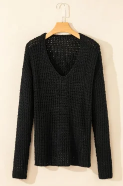 Fashion Dear-Lover Hollow-out Crochet V Neck Sweater Black