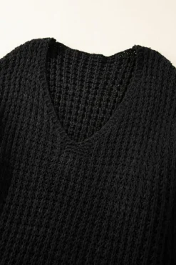 Fashion Dear-Lover Hollow-out Crochet V Neck Sweater Black