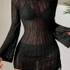 Outlet Dear-Lover Hollowout Knit Bell Sleeve Drawstring Short Beach dress Black