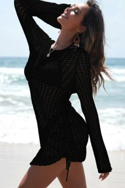 Outlet Dear-Lover Hollowout Knit Bell Sleeve Drawstring Short Beach dress Black