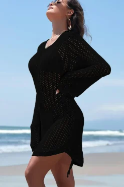 Outlet Dear-Lover Hollowout Knit Bell Sleeve Drawstring Short Beach dress Black