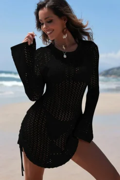 Outlet Dear-Lover Hollowout Knit Bell Sleeve Drawstring Short Beach dress Black