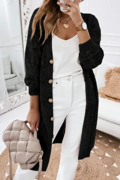 Fashion Dear-Lover Hollow-out Openwork Knit Cardigan Black