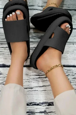 Discount Dear-Lover Hollow-out Thick Soled Slip On Slippers Black