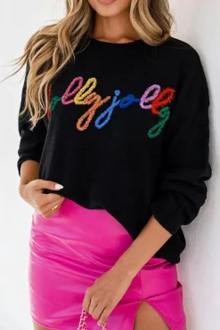 Clearance Dear-Lover Holly Jolly Round Neck Casual Sweater Black