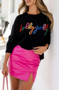 Clearance Dear-Lover Holly Jolly Round Neck Casual Sweater Black