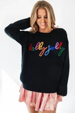 Clearance Dear-Lover Holly Jolly Round Neck Casual Sweater Black