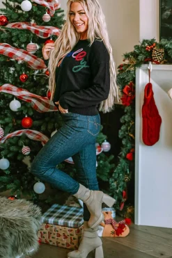 Clearance Dear-Lover Holly Jolly Round Neck Casual Sweater Black