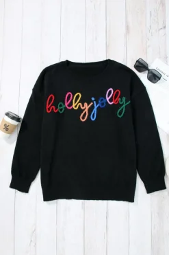 Clearance Dear-Lover Holly Jolly Round Neck Casual Sweater Black