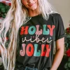 Fashion Dear-Lover HOLLY JOLLY Vibes Christmas Crew Neck T Shirt Black