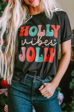 Fashion Dear-Lover HOLLY JOLLY Vibes Christmas Crew Neck T Shirt Black