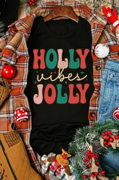 Fashion Dear-Lover HOLLY JOLLY Vibes Christmas Crew Neck T Shirt Black