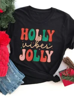 Fashion Dear-Lover HOLLY JOLLY Vibes Christmas Crew Neck T Shirt Black