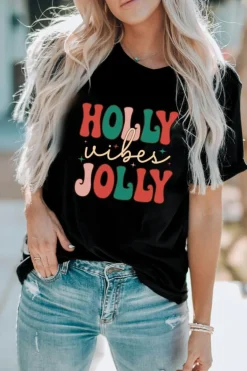 Fashion Dear-Lover HOLLY JOLLY Vibes Christmas Crew Neck T Shirt Black