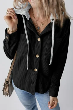 Clearance Dear-Lover Black Hooded Drawstring Pockets Corduroy Shacket Color black