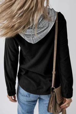 Clearance Dear-Lover Black Hooded Drawstring Pockets Corduroy Shacket Color black