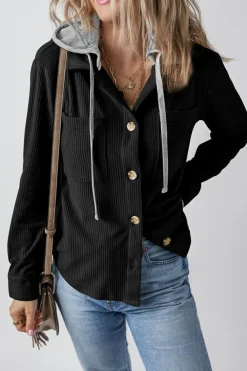 Clearance Dear-Lover Black Hooded Drawstring Pockets Corduroy Shacket Color black