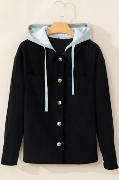 Clearance Dear-Lover Black Hooded Drawstring Pockets Corduroy Shacket Color black