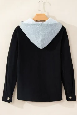 Clearance Dear-Lover Black Hooded Drawstring Pockets Corduroy Shacket Color black