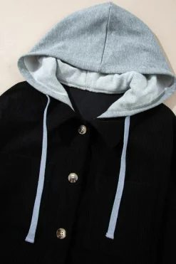 Clearance Dear-Lover Black Hooded Drawstring Pockets Corduroy Shacket Color black