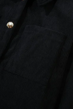 Clearance Dear-Lover Black Hooded Drawstring Pockets Corduroy Shacket Color black