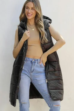 Clearance Dear-Lover Hooded Long Quilted Vest Coat Black