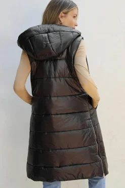 Clearance Dear-Lover Hooded Long Quilted Vest Coat Black